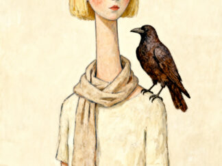 Symbolic painting of a blonde girl with a long neck and a crow on her shoulder, A4 print