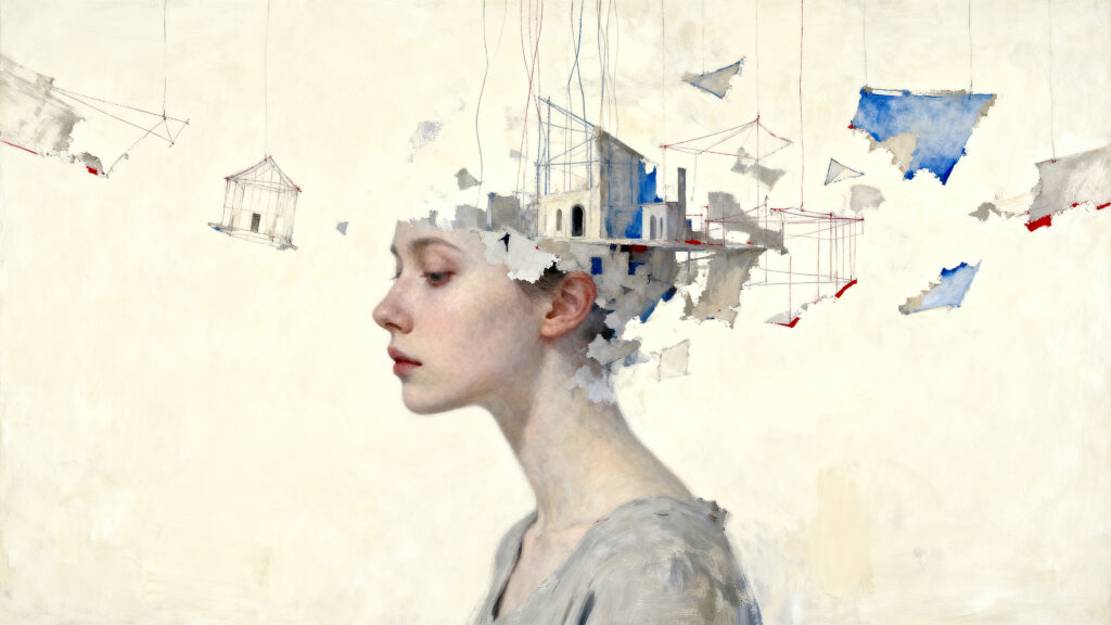 The Poetry of Unfinished Space seedream 4.0 surreal minimalist painting of a female figure her head dissolving into an abstr 0 (1)